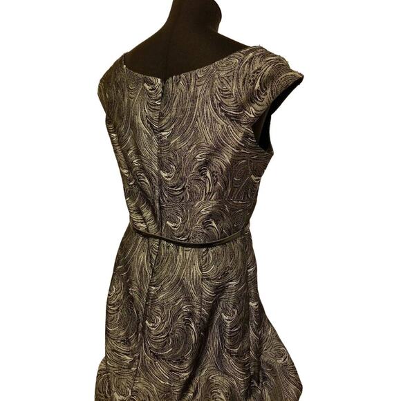 London Times Black Gray Swirled Metallic Cap Sleeve Belt Waist Dress NWT Size 10 - Picture 6 of 9